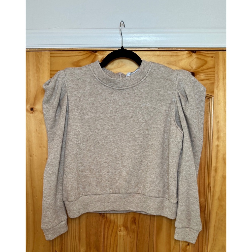 Hunter Bell‎ Oatmeal Heather Teddy Puff Shoulder Knit Sweatshirt Womens Medium